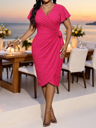 Fleurora Plus Size Women Summer Elegant Wrap Surplice Neck Tie Waist Fitted Dress