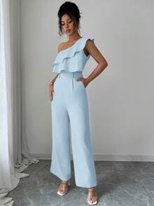 Elenzga Bộ jumpsuit nữ phong cách xuân/hè, thích hợp đi nghỉ mát, đi làm, đi biển/hè, dự tiệc trà chiều, vai bất đối xứng, eo xếp ly đôi, dáng suông rộng. - Màu xanh lam - Xem 4