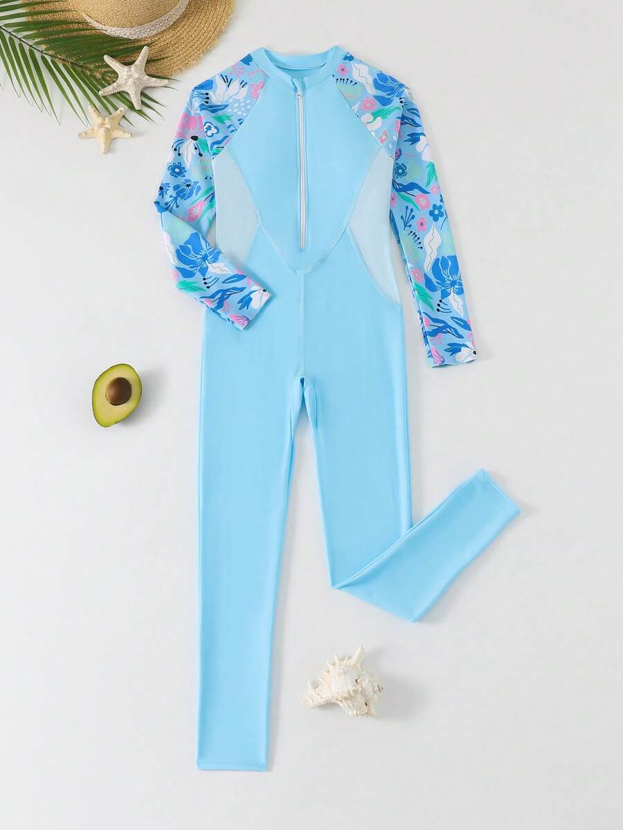 SHEIN 女童热带花卉印花前拉链插肩袖连体泳衣,冲浪泳装,运动泳装,适合夏季、海滩、泳池、度假穿着 - 淺藍色 - 查看 1