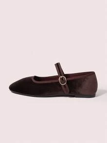 CUCCOO DOLLMOD Sepatu Wanita Cokelat, Desain Gesper, Cocok untuk Perjalanan Sehari-hari, Modis, Serbaguna, Beludru, Elegan, Model Flat Mary Jane - Coklat / Coklat 619 - View 2