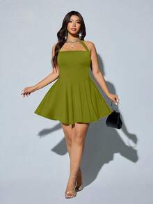 Viva Relle Plus Size Women's Elegant Minimalist Solid Color Backless Halter Waist Tie Dress, Summer - Olive Green - View 3