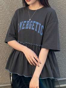 FRIFUL Women's Letter Print Loose T-Shirt, Summer Top Graphic Tee - Grey - View 2