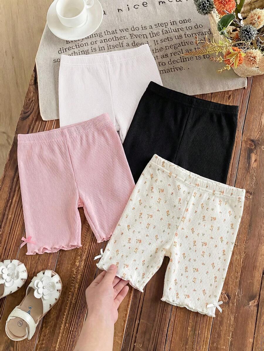 SHEIN LMoss Kids 4件/組少女夏季羅紋針織單車短褲,舒適花卉與素色豹紋印花單車緊身褲,少女校園長褲 - 彩色 - 查看 1