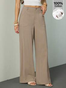 SHEIN Tall 100% Washed Cotton Low Waist Straight Pants, Tall Women - Camel - View 1