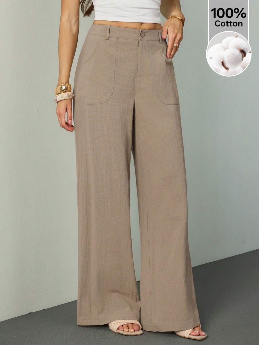SHEIN Tall 100% Washed Cotton Low Waist Straight Pants, Tall Women - Camel - View 1