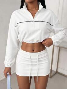 Breezaya Women's Loose Fit Zip-Up Sweatshirt For Autumn/Winter, White Color Block Design, Long Sleeve, Drawstring Hem, Suitable For Daily Casual Wear, Running, Yoga, Gym, Tennis, Golf - White - View 1