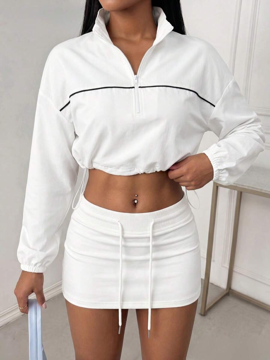 Breezaya Women's Loose Fit Zip-Up Sweatshirt For Autumn/Winter, White Color Block Design, Long Sleeve, Drawstring Hem, Suitable For Daily Casual Wear, Running, Yoga, Gym, Tennis, Golf - White - View 1