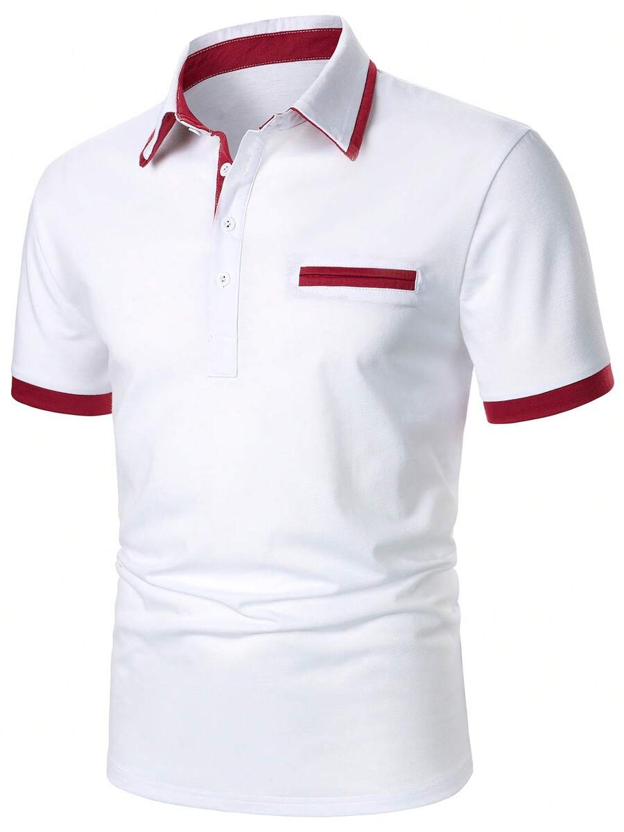 Manfinity Homme 男士對比飾邊鈕扣 Polo 衫,休閒夏季,正式 - 白色 - 查看 1