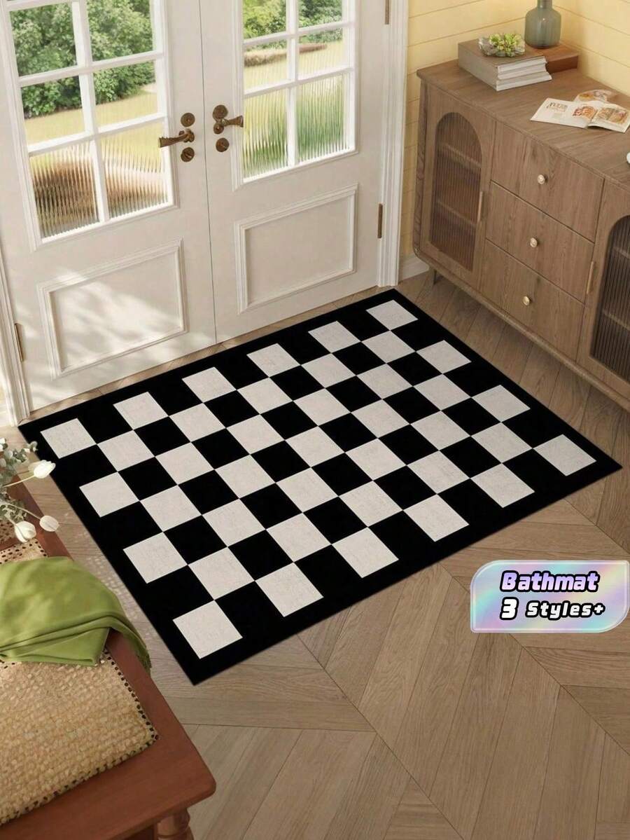 SHEIN 1 pieza Felpudo a cuadros negro y blanco, antideslizante, de poliéster de alta resistencia para interior y exterior, lavable a máquina, esencial para la entrada, el patio y el suelo duradero y de bajo mantenimiento - Multicolor - Ver 1