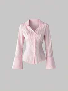 SHEIN Unity Blusa casual de manga larga con botones delanteros y estampado de rayas, Blusas de manga larga - Rosa - Ver 1