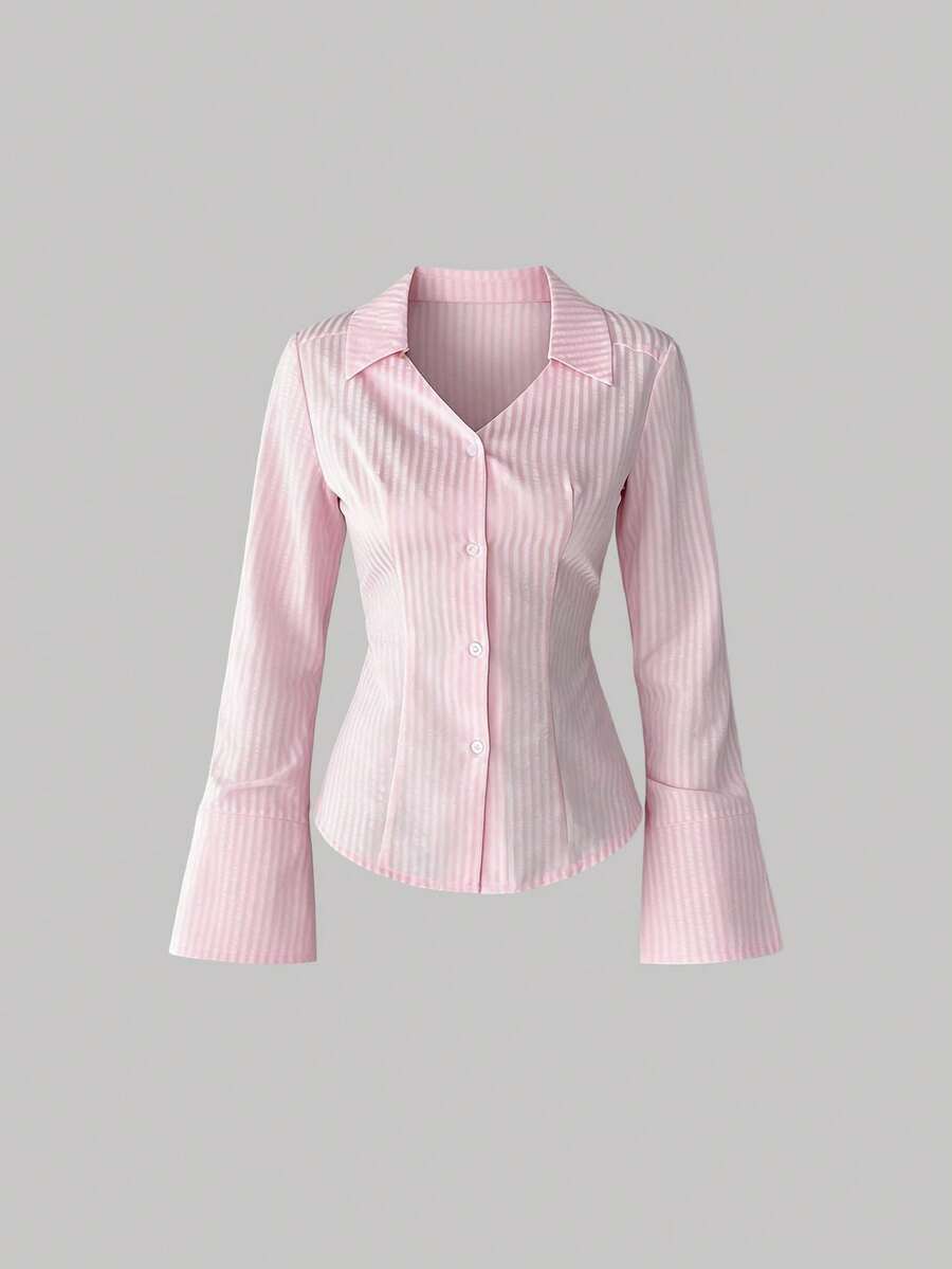 SHEIN Unity Blusa casual de manga larga con botones delanteros y estampado de rayas, Blusas de manga larga - Rosa - Ver 1