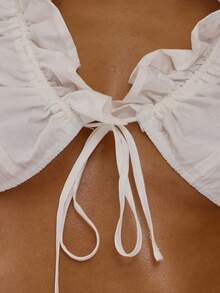 MUSERA Ruched Ruffled Tie Front Cropped Cotton Poplin Top Cute Sexy Spring Summer Holiday Vacation Going Out Girly Cool Girl Late Checkout - White - View 3