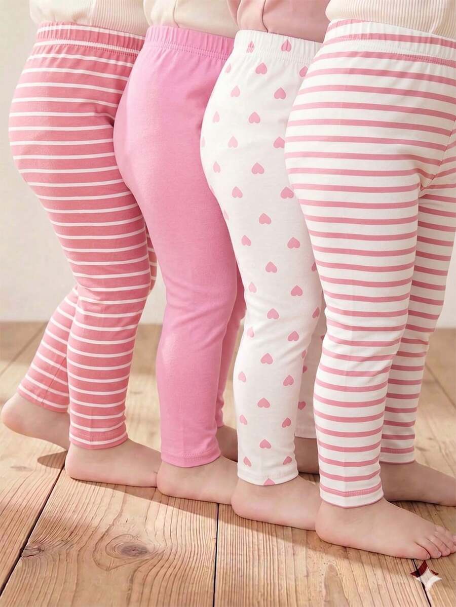 4件装女童休闲百搭柔软白色和洋红色条纹、爱心、白色和粉色条纹、纯粉色图案打底裤,高性价比,适合春夏休闲穿着,多色甜美可爱印花打底裤,百搭打底裤,适合春季、夏季或所有季节,粉色甜美打底裤 - 彩色 - 查看 1