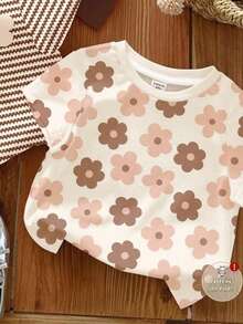 SHEIN 3 chiếc áo thun cổ tròn tay ngắn họa tiết hoa nâu, trắng kem, sọc nâu, thường ngày, phù hợp mặc hàng ngày, ở nhà, đi nghỉ, mặc nhiều lớp, thoải mái, phong cách, thường ngày, quần áo họa tiết hoa, thời trang thu đông, phong cách mới, thoải mái cho bé gái - Nhiều màu - Xem 3