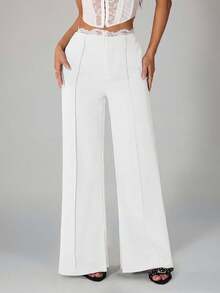 SHEIN PETITE Quần ống rộng màu đen ren xuyên thấu dành cho nữ, quần tây công sở lịch sự, thích hợp cho mùa xuân và mùa hè. - trắng - Xem 6