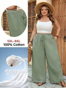 SHEIN CURVE+ Curve 尺码 US22 音乐节、海滨度假、波西米亚风女士夏季休闲沙滩装、时尚商务通勤优雅阔腿裤，带口袋，莲花粉色，夏季长裤/乡村/海滩度假装/沙滩装/沙滩服饰 - 薄荷綠 - 查看 5