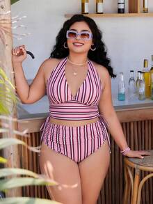 Swim Mod Bộ bikini cạp cao cổ chữ V sâu, dây rút bên hông, họa tiết sọc nhiều màu sắc mới năm 2026, trang phục đi biển gợi cảm. - Nhiều màu - Xem 5