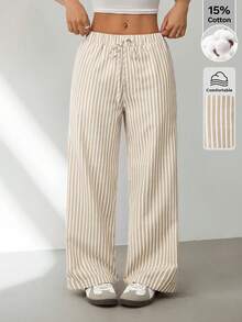 SHEIN PETITE Quần ống rộng kẻ sọc kiểu cổ điển dành cho nữ, có thắt lưng, thích hợp mặc hàng ngày, kiểu dáng suông, trang phục mùa thu phong cách cổ điển cho nữ. - Màu Khaki - Xem 3