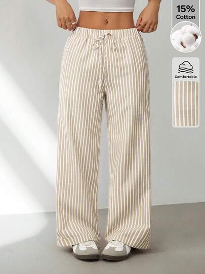SHEIN PETITE Quần ống rộng kẻ sọc kiểu cổ điển dành cho nữ, có thắt lưng, thích hợp mặc hàng ngày, kiểu dáng suông, trang phục mùa thu phong cách cổ điển cho nữ.