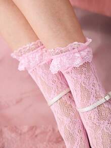 Bonmuse 1 đôi tất ren dài đến bắp chân cho nữ, viền ren to, tất lưới co giãn dễ thương, tất ren kiểu Lolita Kawaii. - Hồng - Xem 9