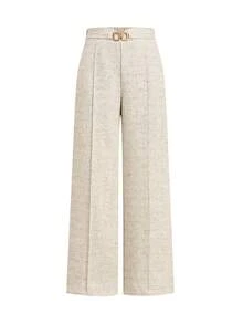 Gownix Pantalones de pierna ancha de tela texturizada elegante para mujer, pantalones largos para todo el año, versátiles para oficina, negocios, múltiples ocasiones, día de negocios, beige, otoño - Albaricoque - Ver 6