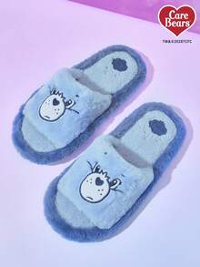 Care Bear X Joivida 1 Pair Soft Blue Fluffy Slippers, Warm Non-Slip Home Shoes, 3D Embroidered Letter Flat Sole, Suitable For Students Dormitory, Winter, Women's Thick Sole, Also Great For Office Carpet, Home Use, A Warm Gift - Blue - View 2