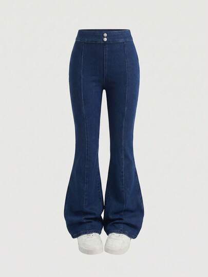Tween Girls' Casual Blue Denim Flare Jeans, Stretchy Fitted, Soft & Comfortable For Daily Wear, Yoga, Fitness, Dance, All Seasons