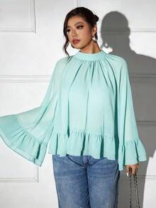 Femmeverse 大码女式层叠荷叶边长袖休闲衬衫，优雅假日上衣 - 薄荷綠 - 查看 3