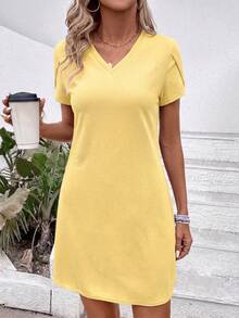 EMERY ROSE Women's Casual Solid Color V-Neck Short Sleeve Dress, Summer - Yellow - View 6