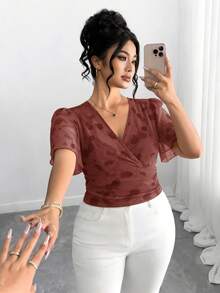 Elenzga Plus Size Women's Casual Romantic Spring/Summer Daily Commute Versatile Fashion T-Shirt - Burgundy - View 3