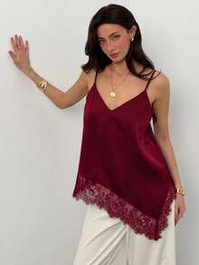 Aloruh Kamisol Wanita Warna Polos dengan Detail Renda Kontras dan Hem Asimetris - Burgundy - View 4