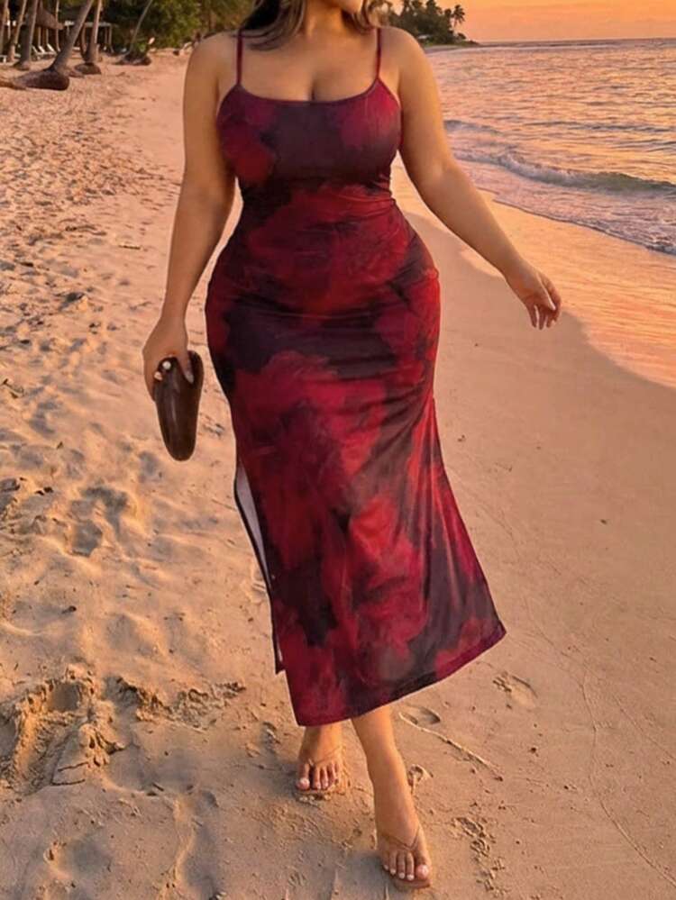 Dazy Plus Plus Size Women's Sleeveless Cinched Waist Floral Print Sexy Vacation Style Red Midi Wrap Dress, Spring/Summer Sun Dresses For Women