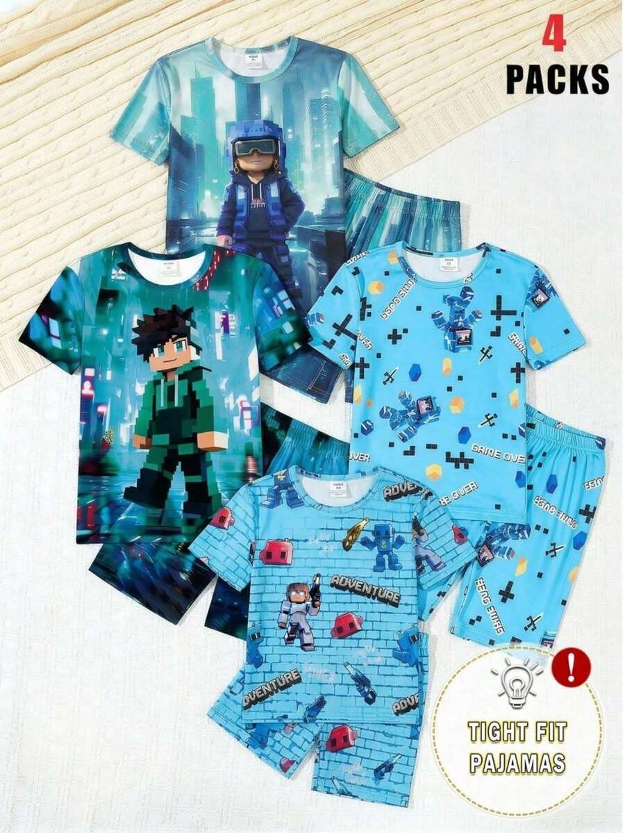 SHEIN 男童“Tralalero Tralala”可爱印花修身短袖上衣和短裤睡衣套装(2件套),春夏款 - 彩色 - 查看 1