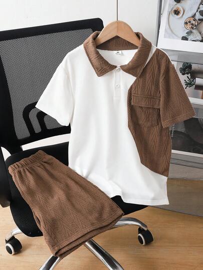 2pcs/Set Older Boys' Street Fashion Soft Jacquard Solid Color Patchwork Short Sleeve Polo Shirt And Shorts, Comfortable Fabric, Stylish Fit, Spring/Summer New Arrival, Suitable For Multiple Seasons And Occasions