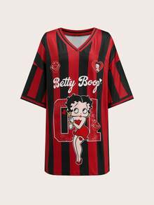 Slaydiva Betty Boop x SHEIN 2026春夏新款大码女装：基础款、休闲、可爱黑红条纹V领宽松落肩大码短款连衣裙，卡通人物印花；假日 - 彩色 - 查看 5