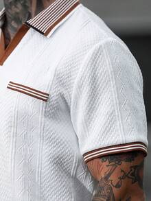 Manfinity CasualCool 男士條紋短袖休閒通勤 Polo 衫，正式款 - 白色 - 查看 7