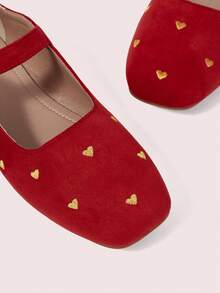 CUCCOO DOLLMOD Women's Shoes, Red Suede Square Toe Flats, Love-Embroidered Retro Mary Jane Shoes - Red - View 7