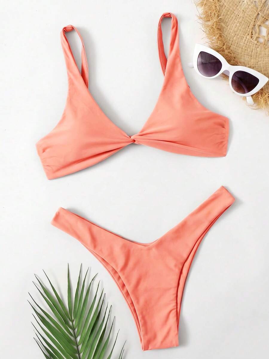 Swim Basics 女士夏季沙滩纯色扭结性感比基尼泳装套装 - 珊瑚粉 - 查看 1
