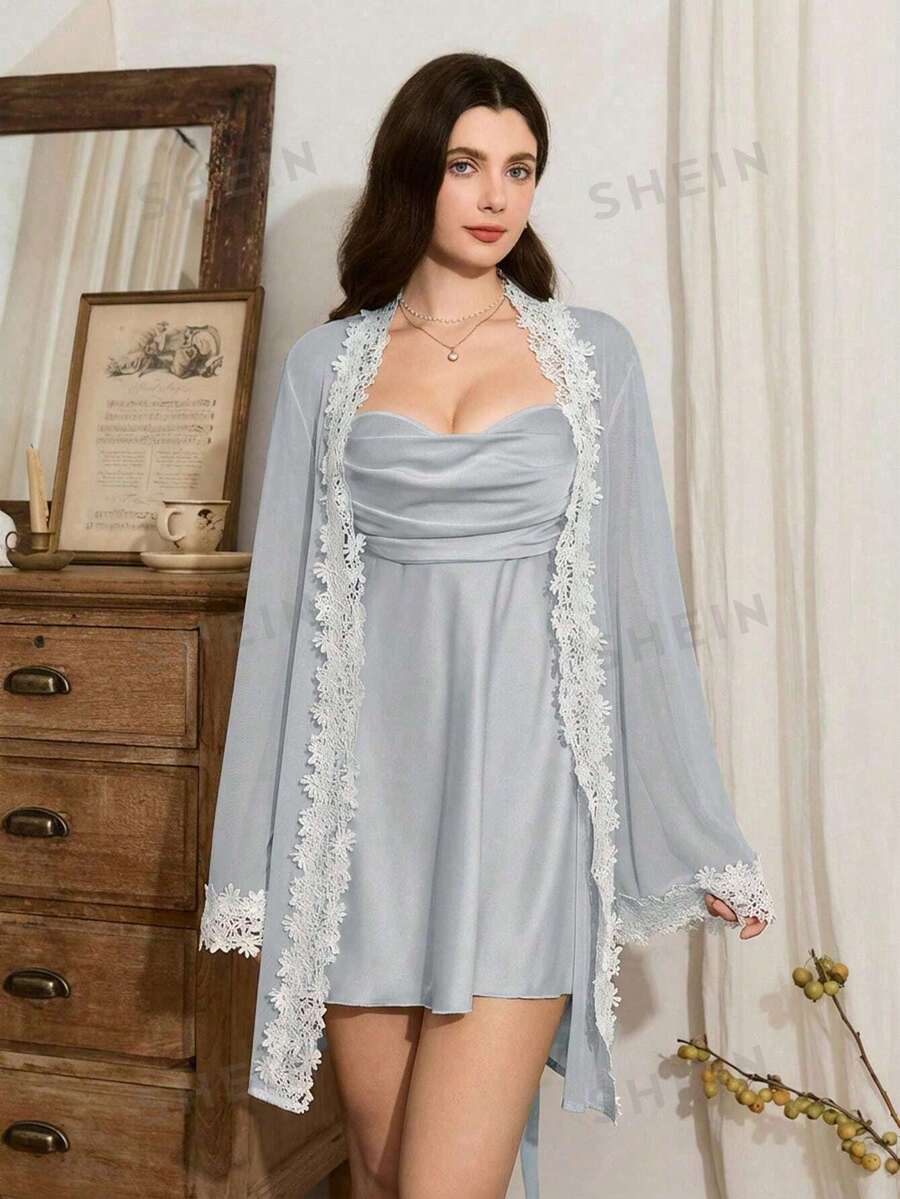 Côtesoire Conjunto de bata y camisón de mujer con parches de encaje y malla, elegante, cómodo y sexy, estilo retro francés - Celeste - Ver 1