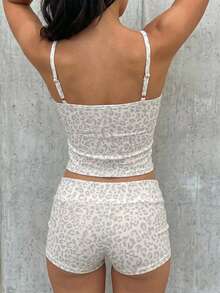 SHEIN EZwear 休闲简约复古白色豹纹吊带背心短裤套装，适合日常街头穿搭、通勤、约会、聚会，春夏秋冬四季皆宜。 - 彩色 - 查看 2