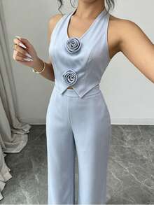 Modelyn Women's Elegant Sleeveless Floral Vest And Wide Leg Pants Set, Chic Commuter Outfit, 2 Pieces Golf Pastal Summer - Blue - View 4