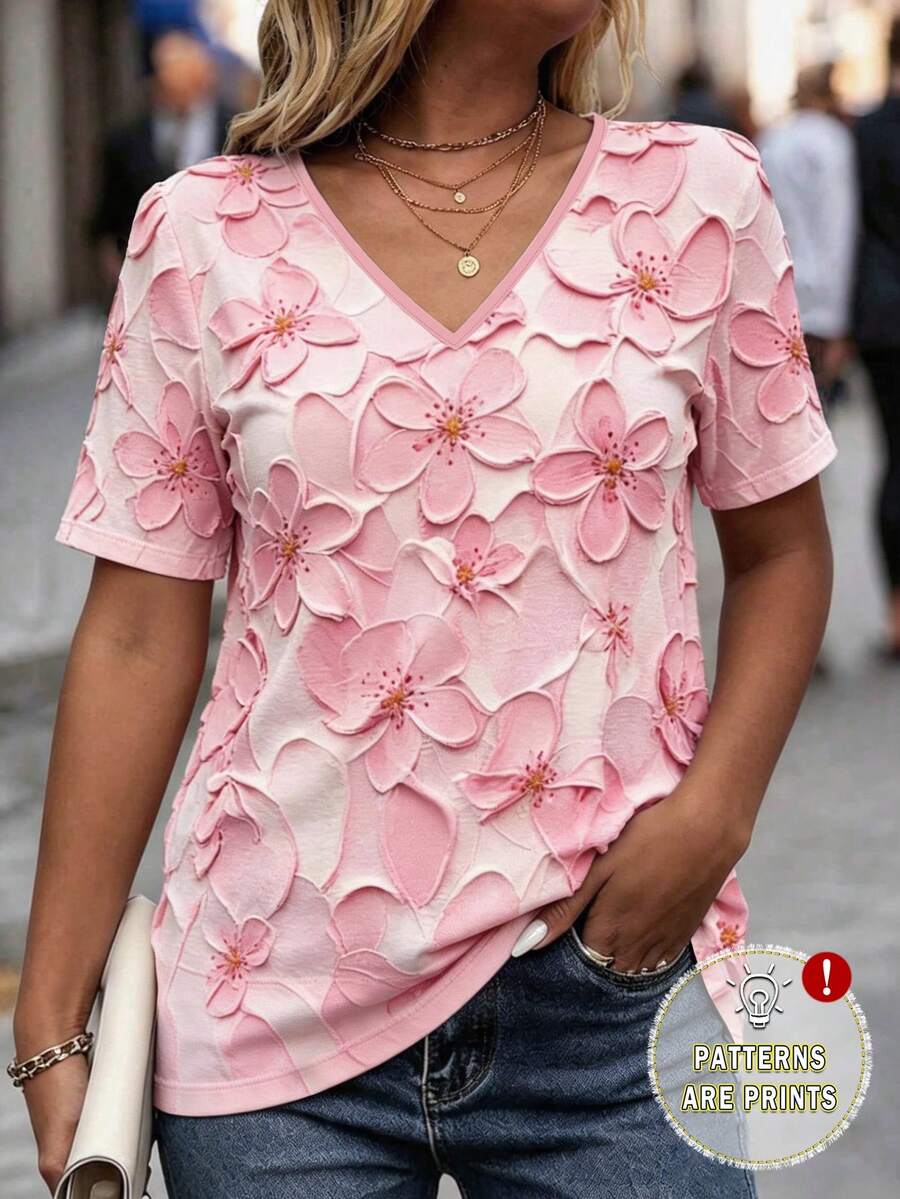 EMERY ROSE Kaos Kasual Lengan Pendek Leher V Motif Bunga untuk Wanita Ukuran Besar, Musim Panas - MultiWarna - View 1