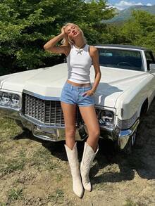 SHEIN EZwear Quần short denim nữ kẻ sọc có túi, kiểu dáng thường ngày. - Rửa nhẹ - Xem 3