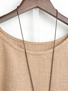 EMERY ROSE Blusa holgada de mujer talla grande con cuello redondo, hombros caídos y bajo irregular en unicolor - Caqui - Ver 5