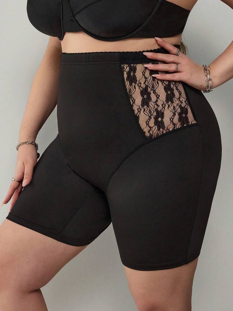 SHEIN CURVE+ Quần legging bó sát màu trơn dành cho nữ cỡ lớn, quần short đen, gợi cảm và quyến rũ. - màu đen - Xem 4