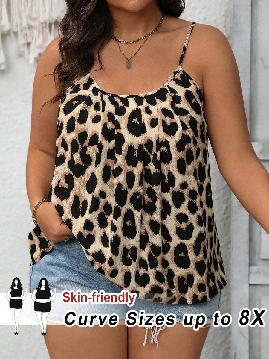 SHEIN CURVE+ Plus Size Women Beige Camisole Loose Hem Tank Top Vacation Summer Sexy - Multicolor - View 1