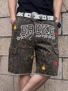 Manfinity EMRG Quần short denim nam in chữ và họa tiết da báo, túi hộp, gấu quần rách. - Nhiều màu - Xem 3