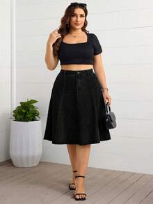 EMERY ROSE Plus Size High Waist Washed Denim Casual A-Line Skirt - Black - View 5