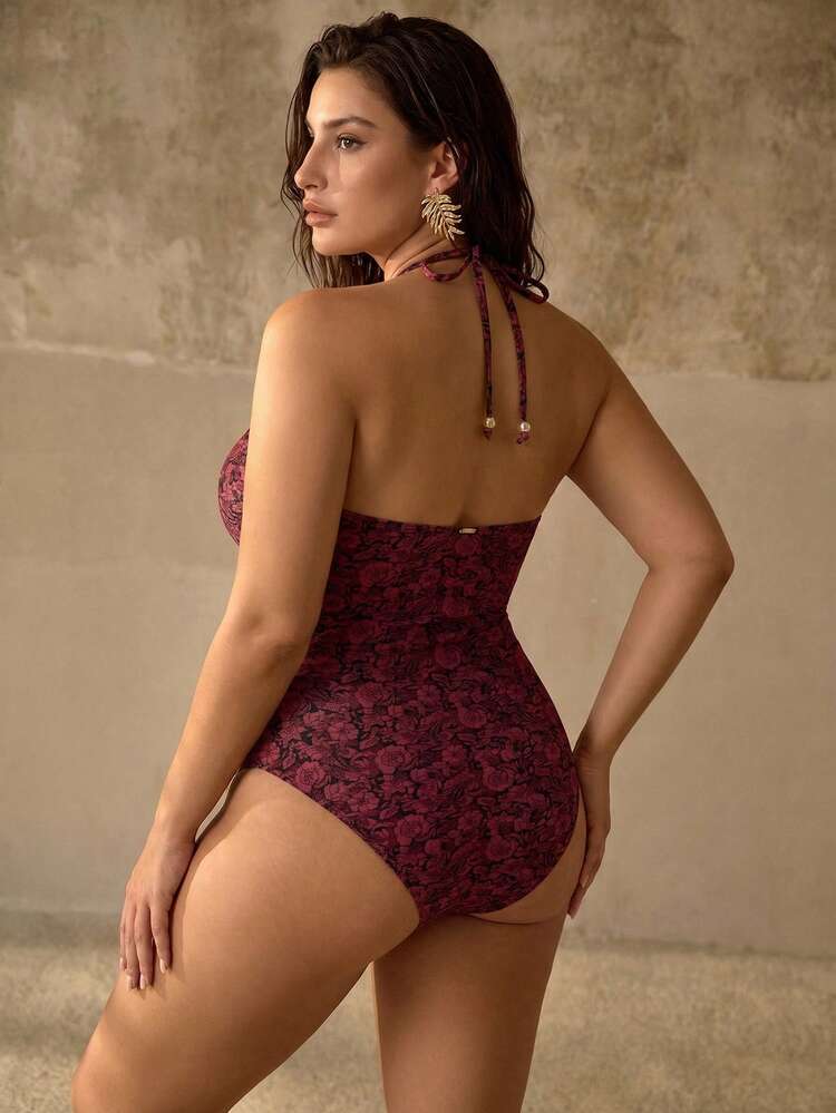 PLUS SIZE WOMEN'S ONE-PIECE SWIMSUIT WITH COLORFUL FLORAL ALL-OVER PRINT, BOHEMIAN STYLE METAL FLOWER DECOR, SUITABLE FOR BEACH VACATION