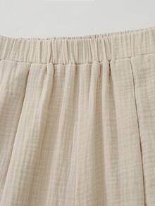 SHEIN LUNE Women's Solid Color Elastic Waist Loose Casual Pants With Slant Pockets - Apricot - View 4